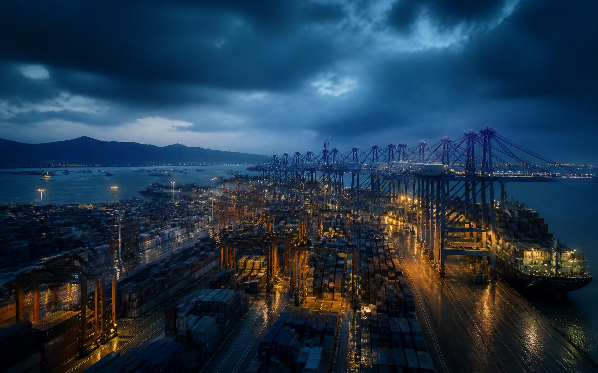 Container port at dusk with gantry cranes loading export cargo